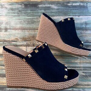 Marc Fisher Platform Slide Sandal Womens 8M Blue Suede Rope Wedge Heel Studded.